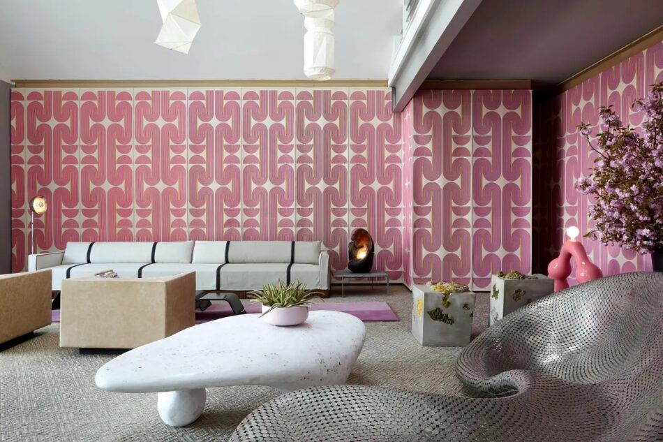 Frampton Co's Hamptons office and gallery with custom pink wallpaper in a geometric pattern