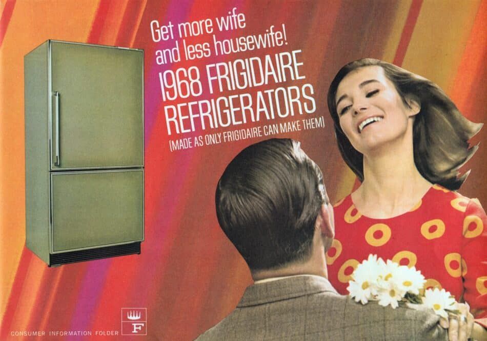A 1968 Frigidaire ad for a new avocado-green refrigerator.