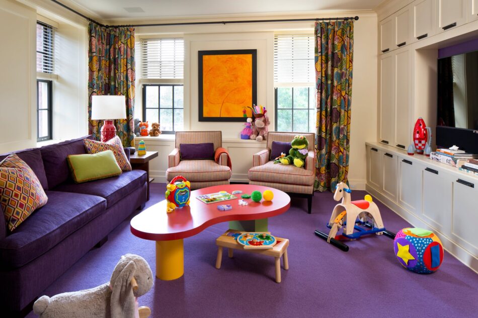 a childrens playroom with a purple rug