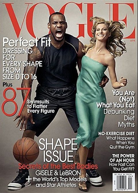 The cover of Vogue Magazine featuring a photograph of Gisele Bundchen and LeBron James taken by Annie Leibovitz.