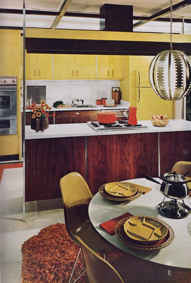 The styles that would dominate decor in the 1970s are foreshadowed in this 1965 interior from Better Homes Kitchen Ideas.