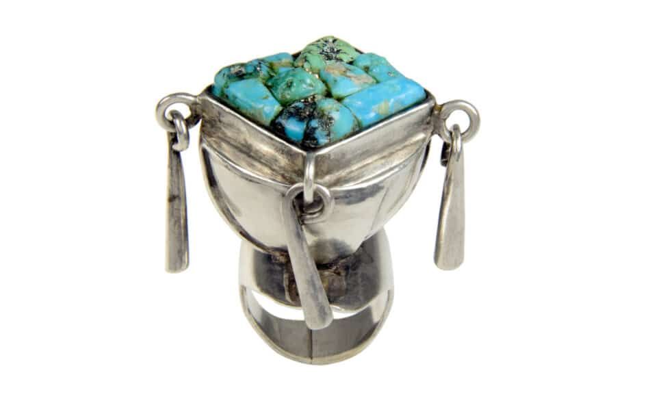 Eveli Sabatie turquoise and silver ring with articulated parts, ca. 1970