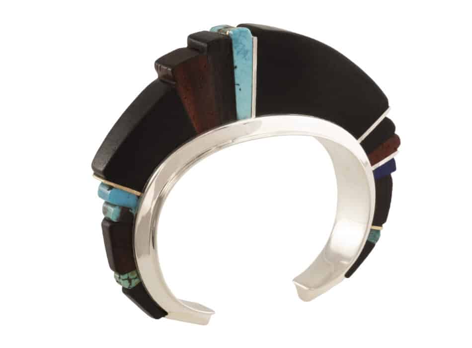 Sonwai ebony, Vermillion wood, Lone Mountain turquoise, lapis,gold and sterling silver height inlay cuff, 2020