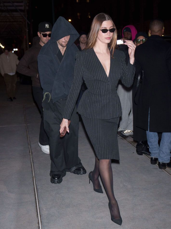 Hailey Bieber Mugler suit