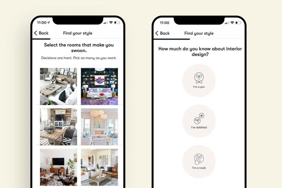 Two phones next to each other showing the app in use on each phone, including decor ideas