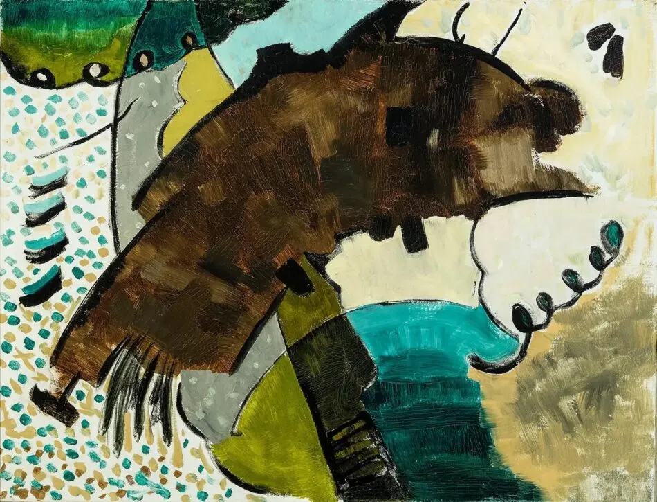 An abstract painting by Arthur Dove with areas of brown, green, yellow, aqua, and beige.