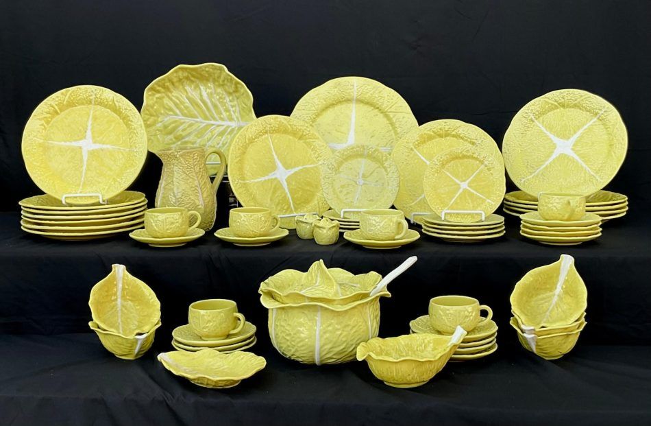 Yellow Bordallo Pinheiro Cabbage Leaf Dinnerware Set of Fifty Four Pieces