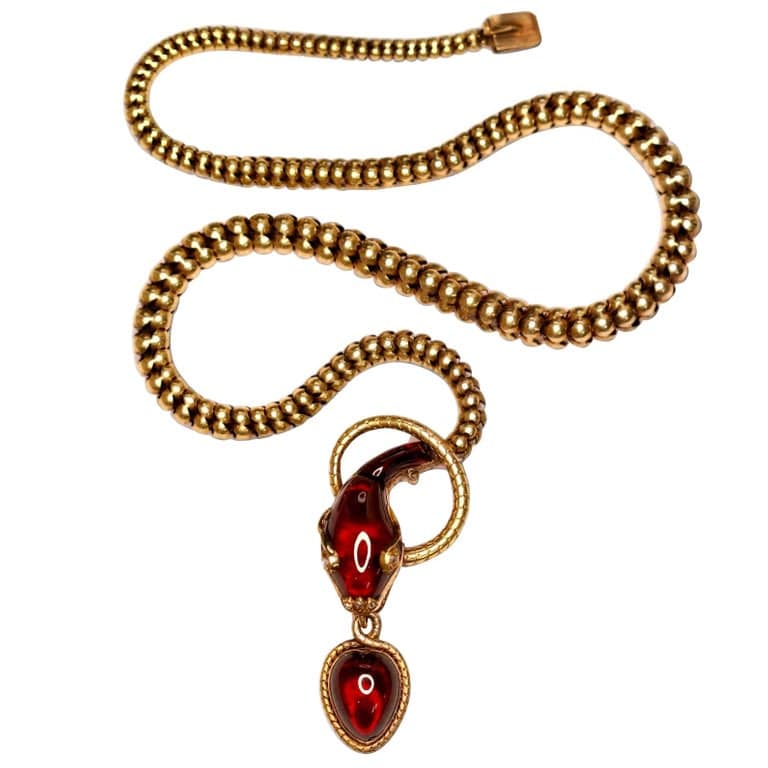 Victorian garnet, gold and diamond snake pendant necklace, 1850s
