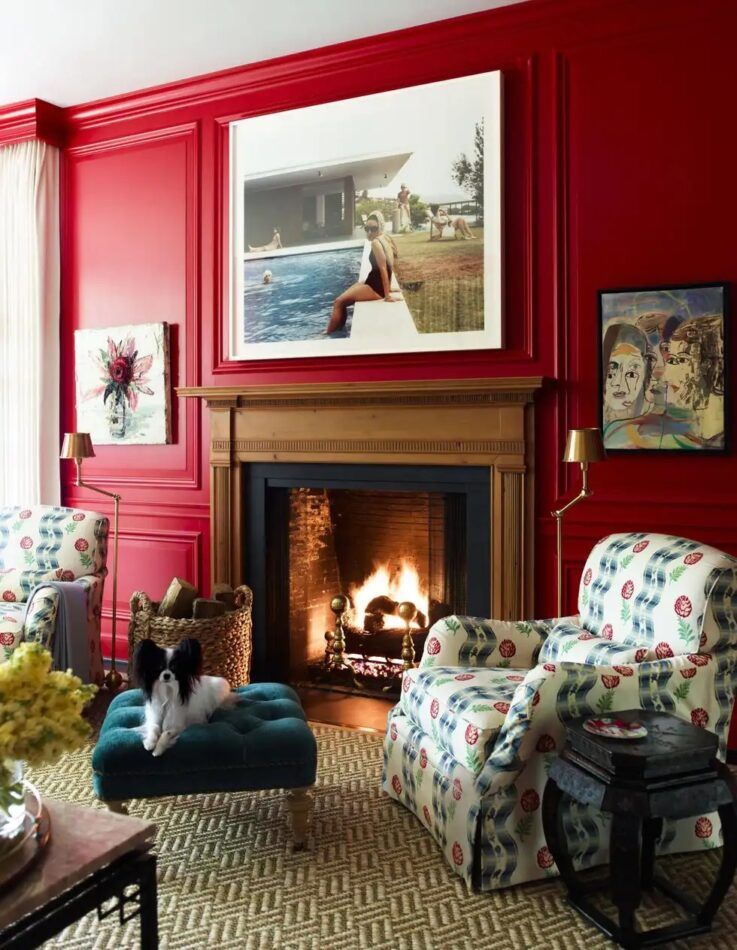 J. Randall Powers red room with antiques and edgy art in a historic Houston house