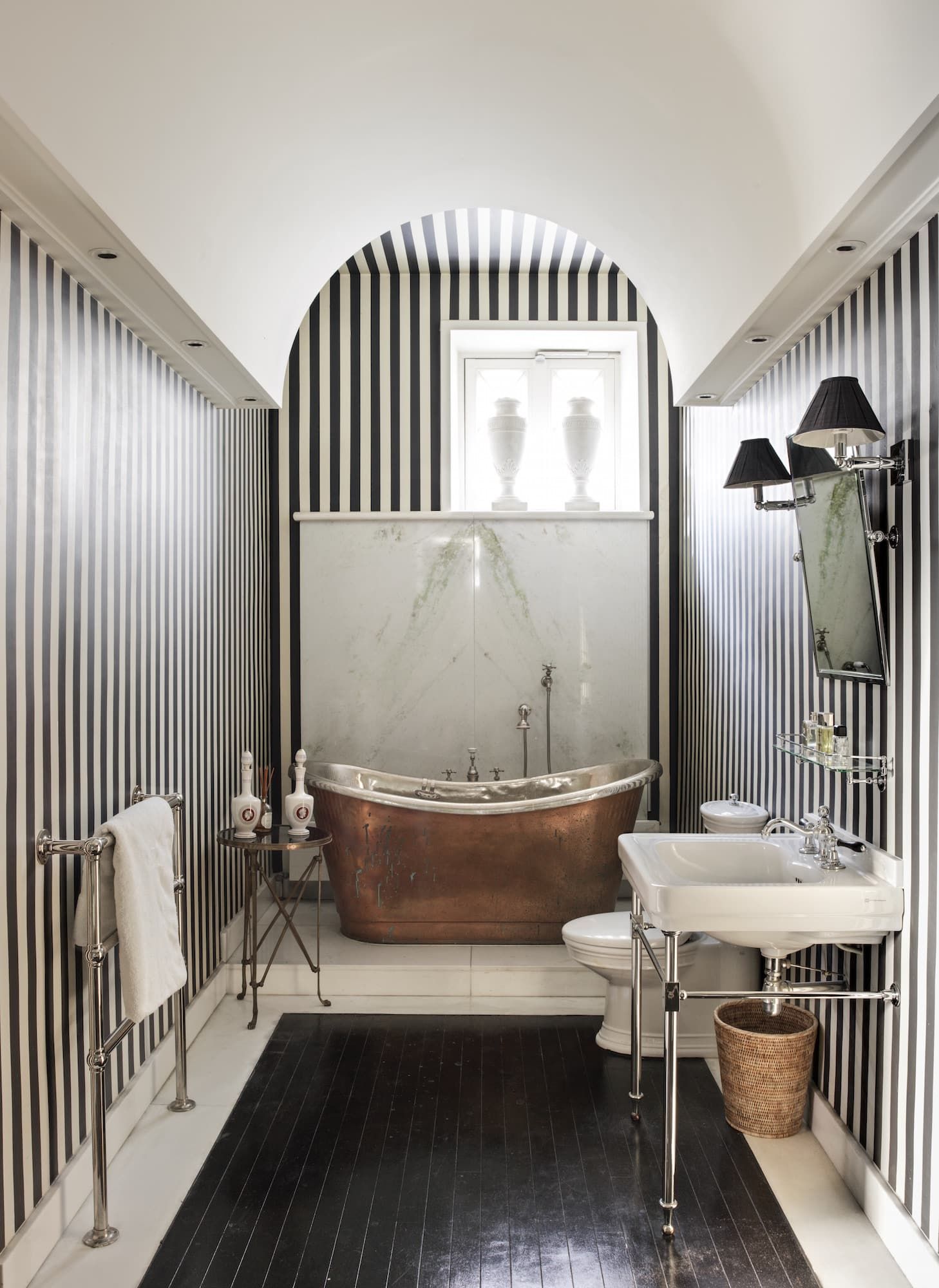 Striped master bathroom in Jamie Creel's Paris apartment