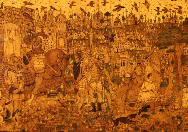 This 19th-Century Gilded Desk Displays a Fanciful Kingdom in Marquetry