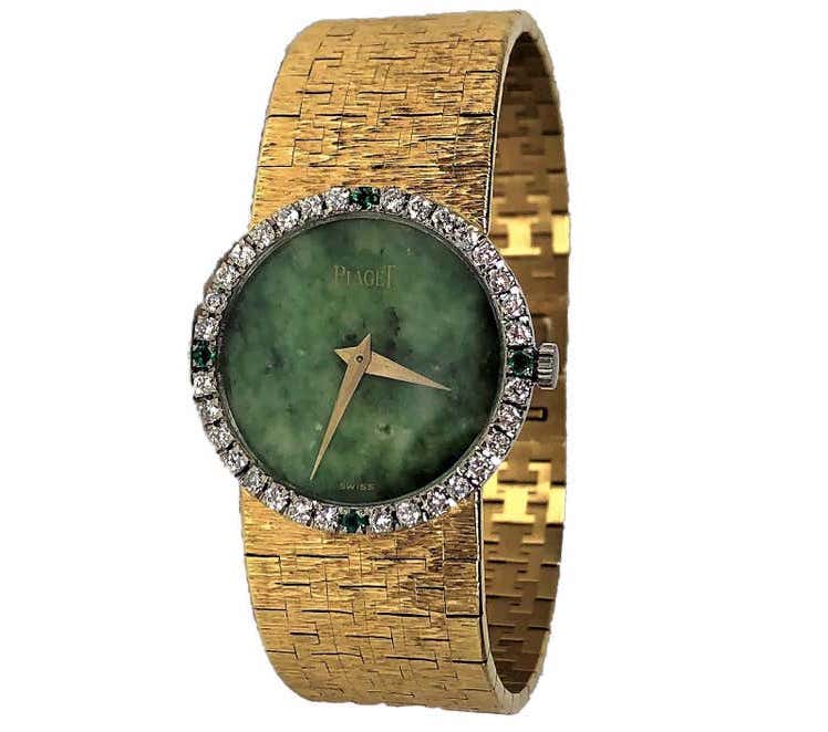 Piaget Ladies Gold Watch with Jade Dial, Diamond and Emerald Bezel