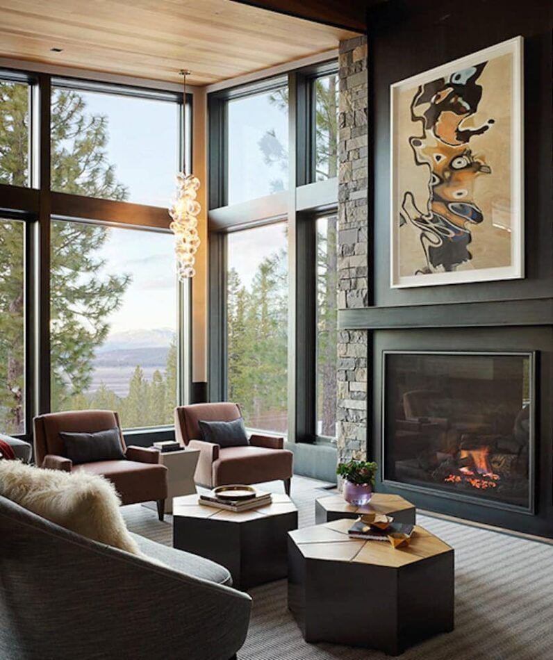 The living room of a Lake Tahoe vacation home designed by Jay Jeffers
