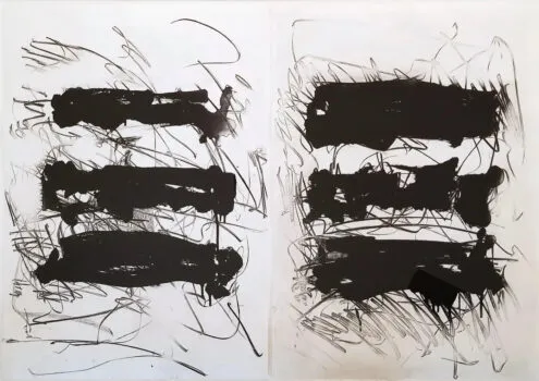 Joan Mitchell's monochrome diptych etching Fields I, made in 1992.