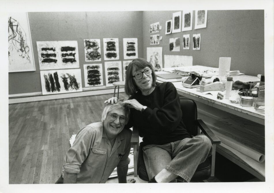 Joan Mitchell and printmaker Kenneth Tyler at his upstate New York studio Tyler Graphics in 1991.
