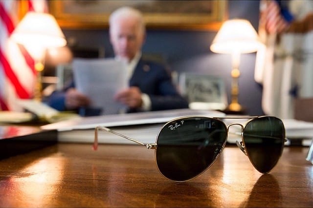 Ray-Ban Aviator sunglasses on the desk of Joe Biden