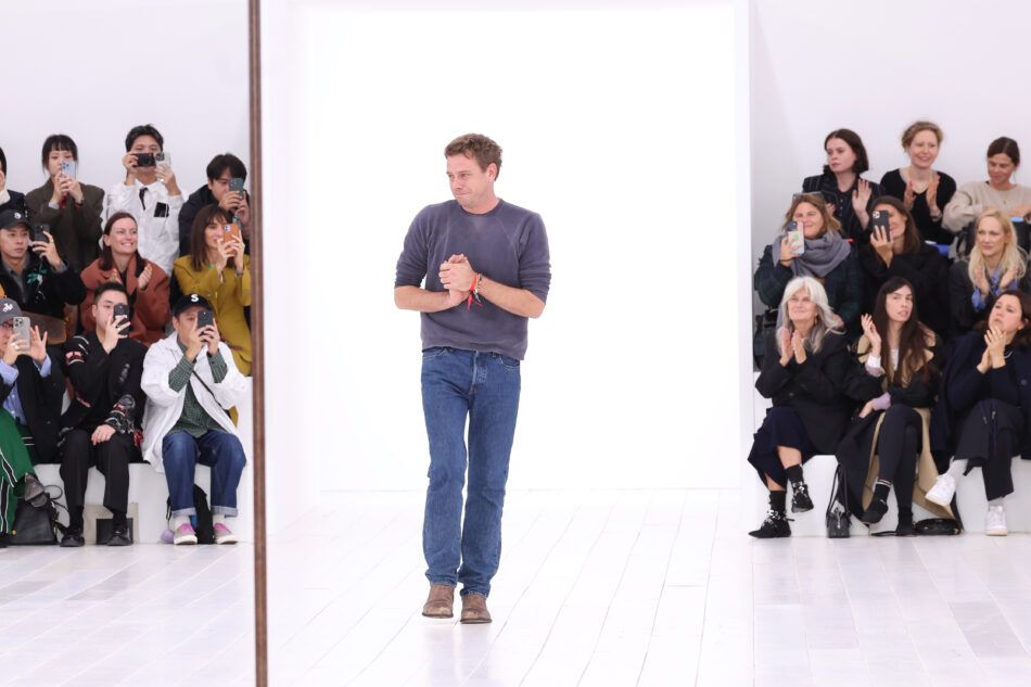 Jonathan Anderson walks the runway during the Loewe Paris Womenswear Spring-Summer 2025 show