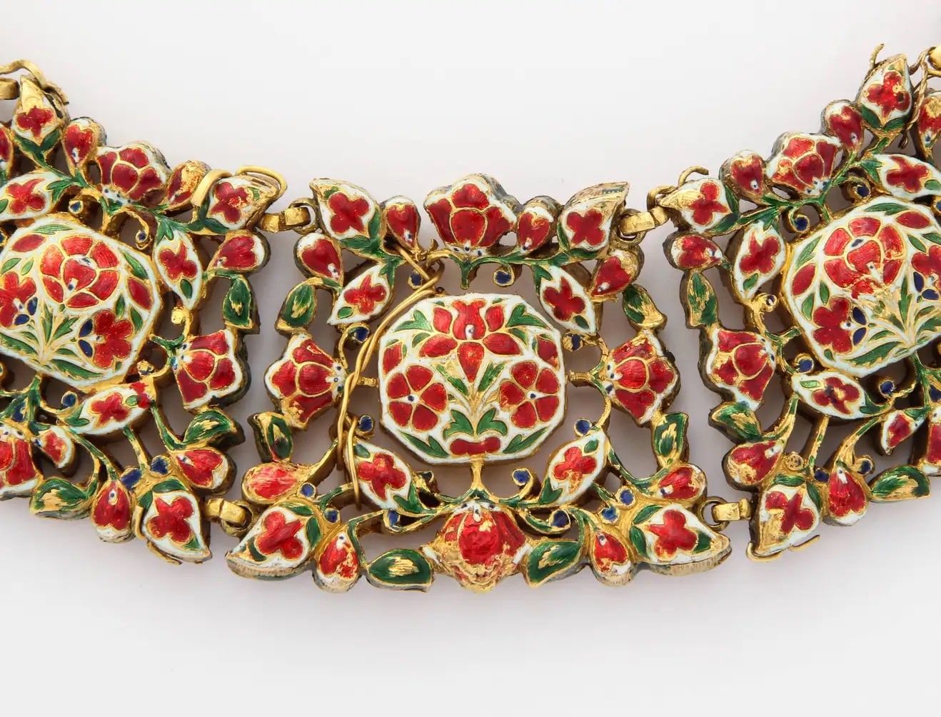 The enamel detail on the back of an antique Mughal Indian spinel, diamond and enamel necklace, ca. 1800, offered by Joseph Saidian and Sons