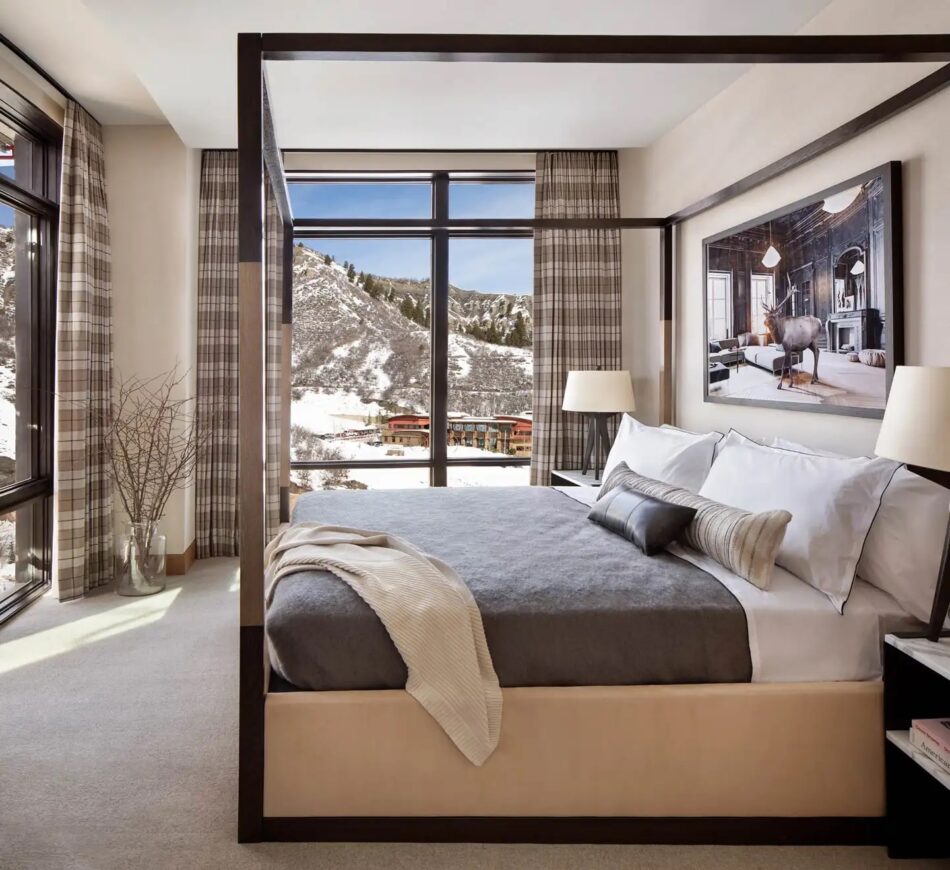 Bedroom of a model apartment in Aspen designed by KES Studio