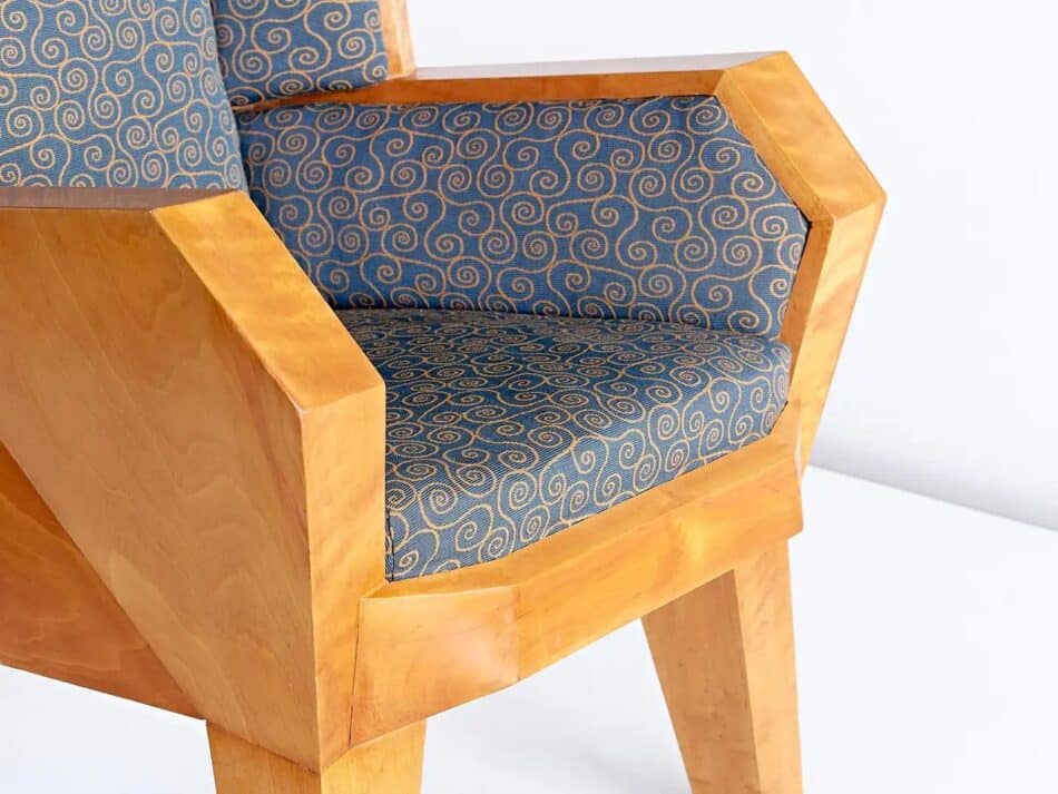 Detail shot of the fabric of the Camillo Cerri Important Cubist Armchair Designed for Haus Reinbach