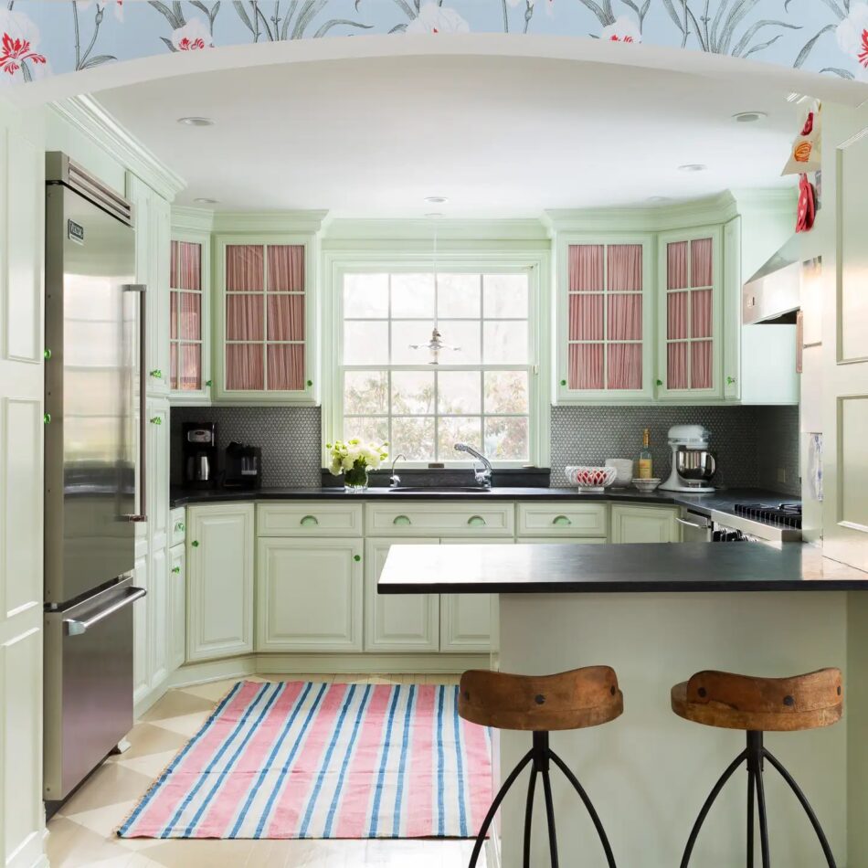A pistachio-green kitchen in Locust Valley, New York, by interior designer Celerie Kemble