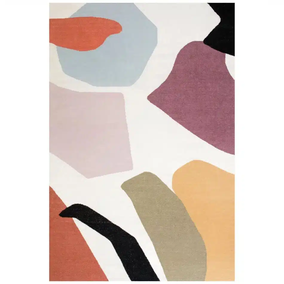 Abe the Ape for Kilombo Home contemporary flat-weave kilim rug in cream, mustard, sage, burnt orange, black, mauve, lavender and light blue