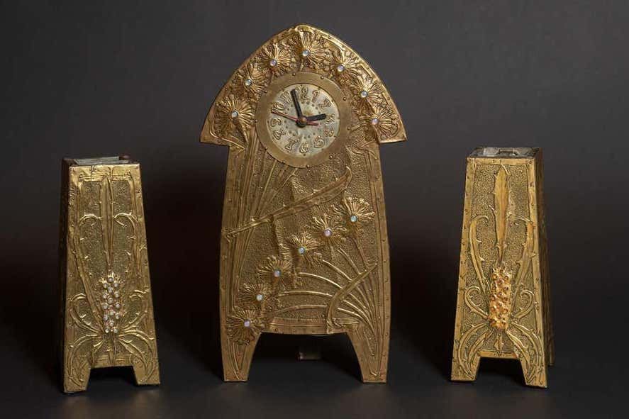 Alfred Daguet Dandelion & Thistle 3-piece Mantle Clock Set, 1903