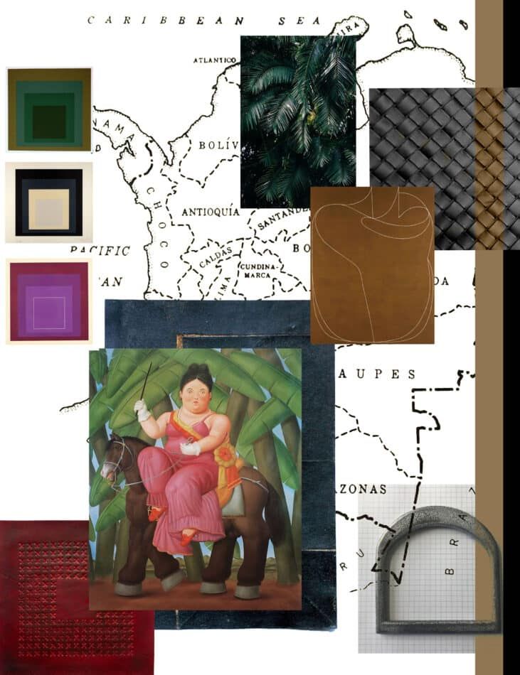 A collage of images that inspired L'Aviva Home's Talabartero lighting collection, including the 1989 Fernando Botero painting La Primera Dama, as well as works by Josef Albers