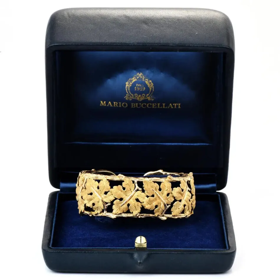 Marrio Buccellati, 18K yellow gold Maple Leaf cuff bracelet, 1960s, in an original box