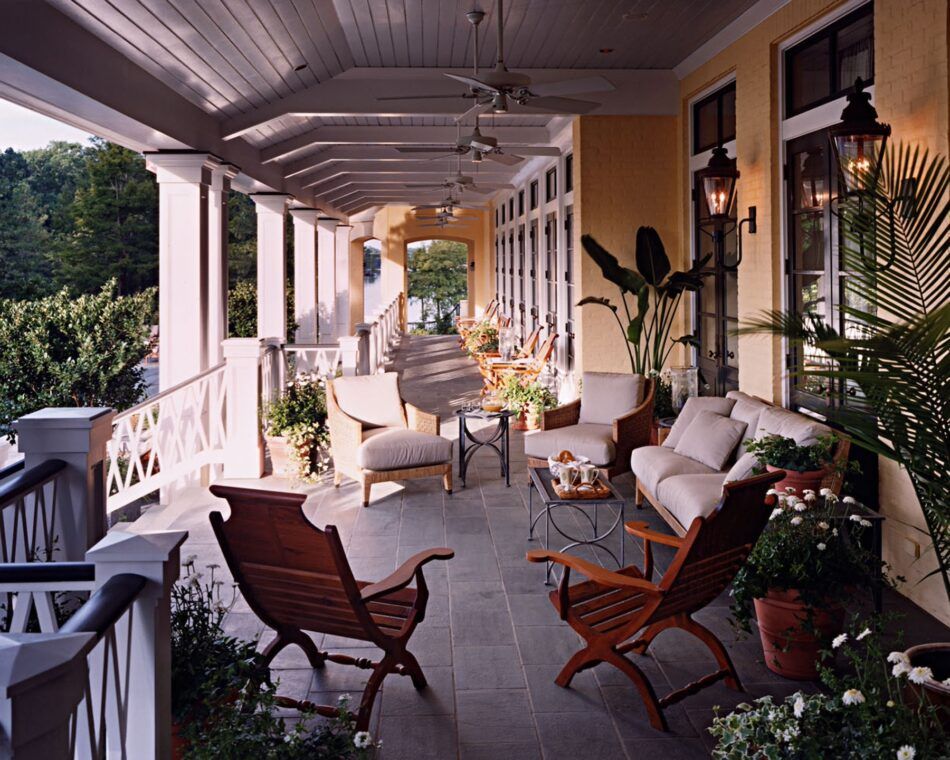 Located on a Louisiana peninsula where two bayous converge, this raised veranda was designed by Lee Ledbetter to showcase the water views.