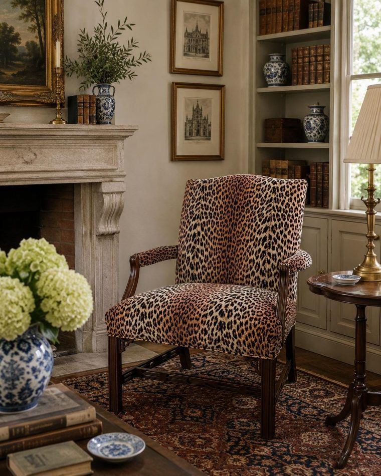 English Chippendale mahogany armchair in leopard, late 20th century