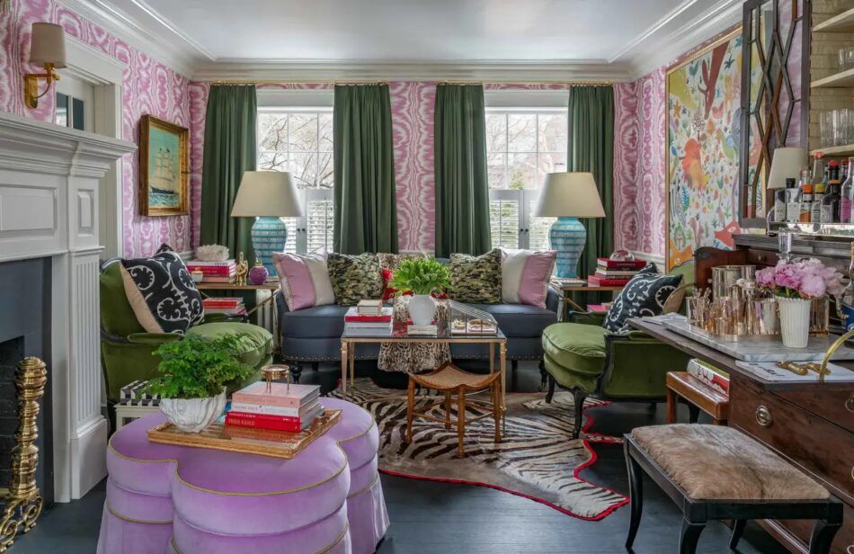 Pink-and-green living room of a 1923 Georgian Colonial house in Chestnut Hill, Massachusetts, designed by Liz Caan