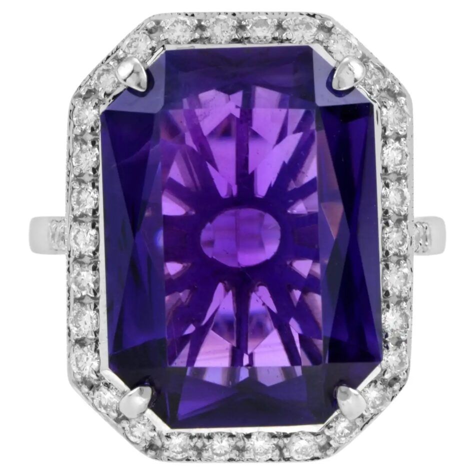 Lilly M. cocktail ring with 11.75-carat amethyst and a diamond halo in 14k gold