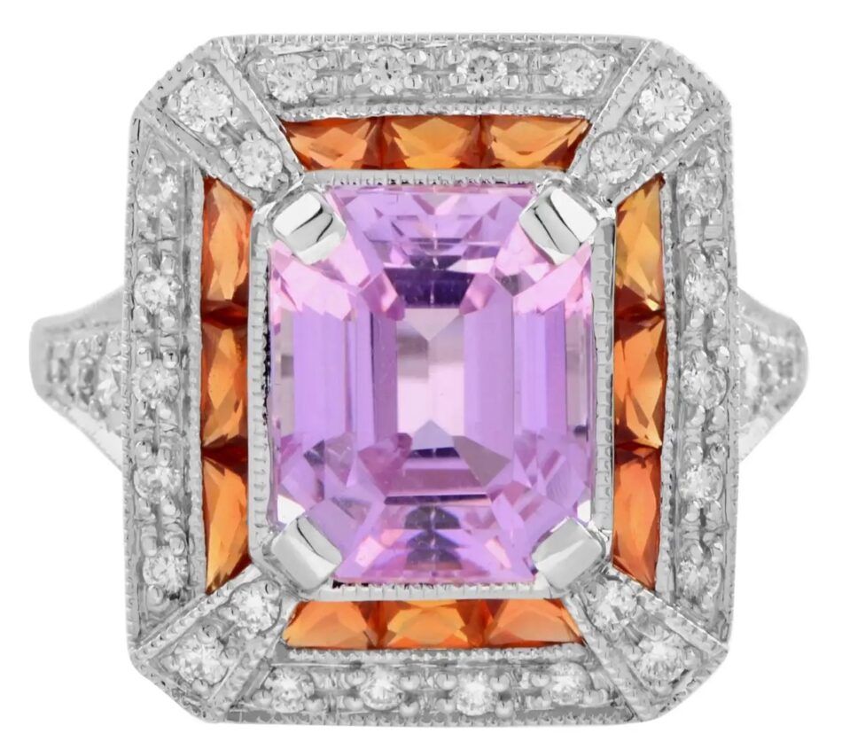Lilly Art Deco–style cocktail ring with 4.5-carat pink kunzite, orange sapphires and diamond halo in white gold