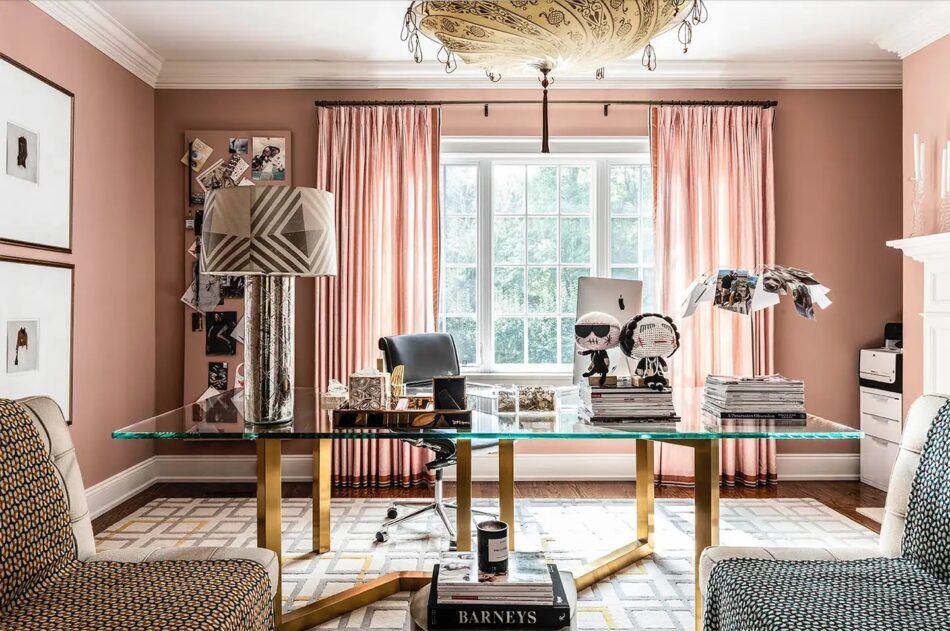 Nude-pink home office in a New Canaan, Connecticut, residence designed by Lucinda Loya