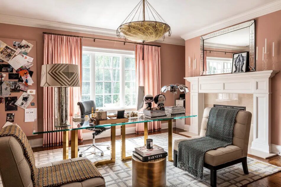 Nude-pink home office in a New Canaan, Connecticut, residence designed by Lucinda Loya