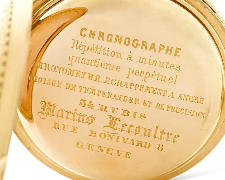 Engraving on perpetual calendar jump-date pocket watch by Marius Lecoultre