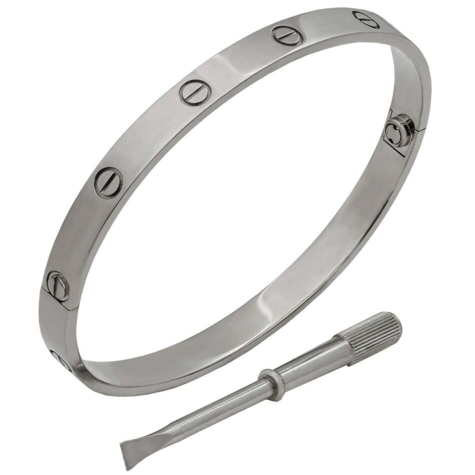 Cartier Love bracelet in white gold (left) with matching mini screwdriver (right), contemporary