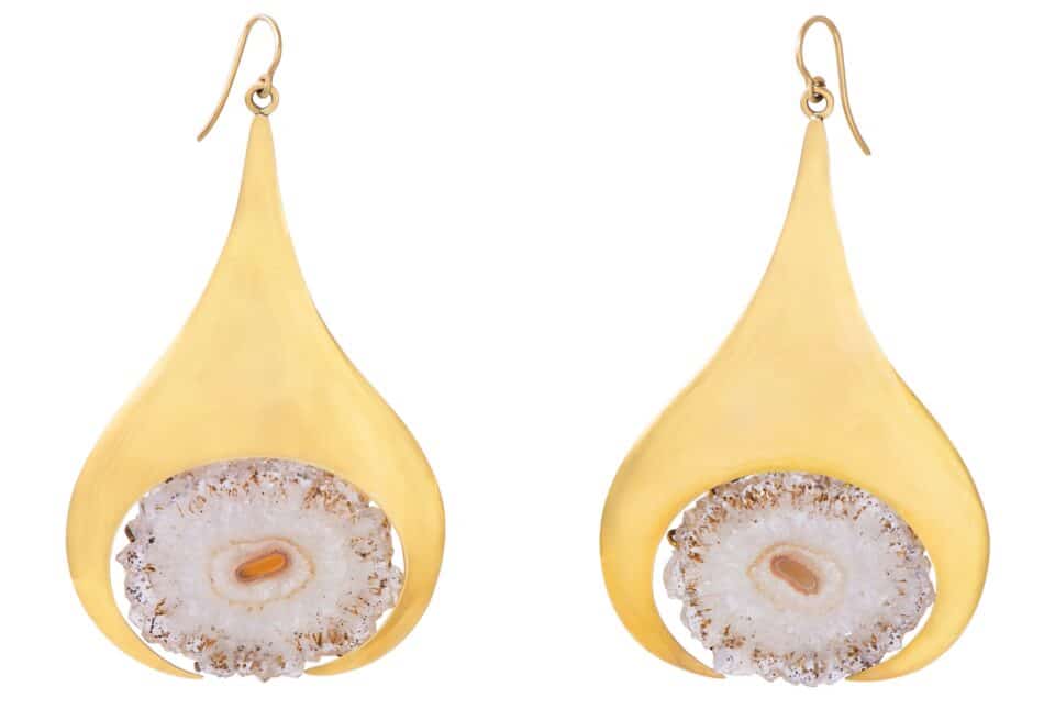 A pair of Barbara Cartlidge handmade amethyst slice and 18-karat gold earrings, 1970