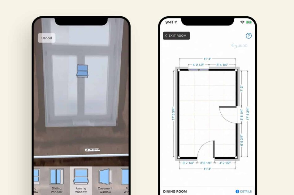 Two phones showing a window and a floorplan