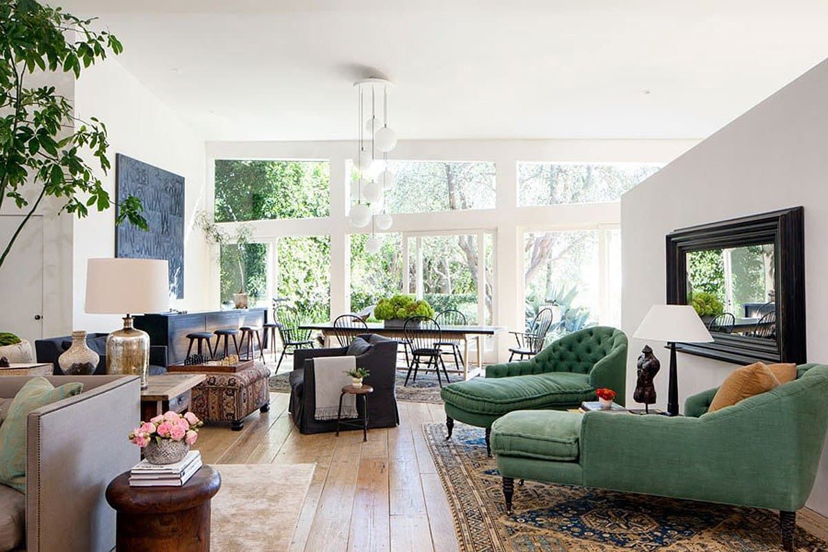 The living room of Patrick Dempsey's Malibu family house with revamped interiors by Estee Stanley of Hancock Design.