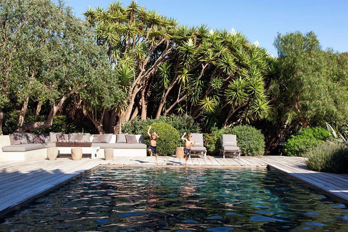 The pool at Patrick Dempsey's Malibu family house with revamped interiors by Estee Stanley of Hancock Design.