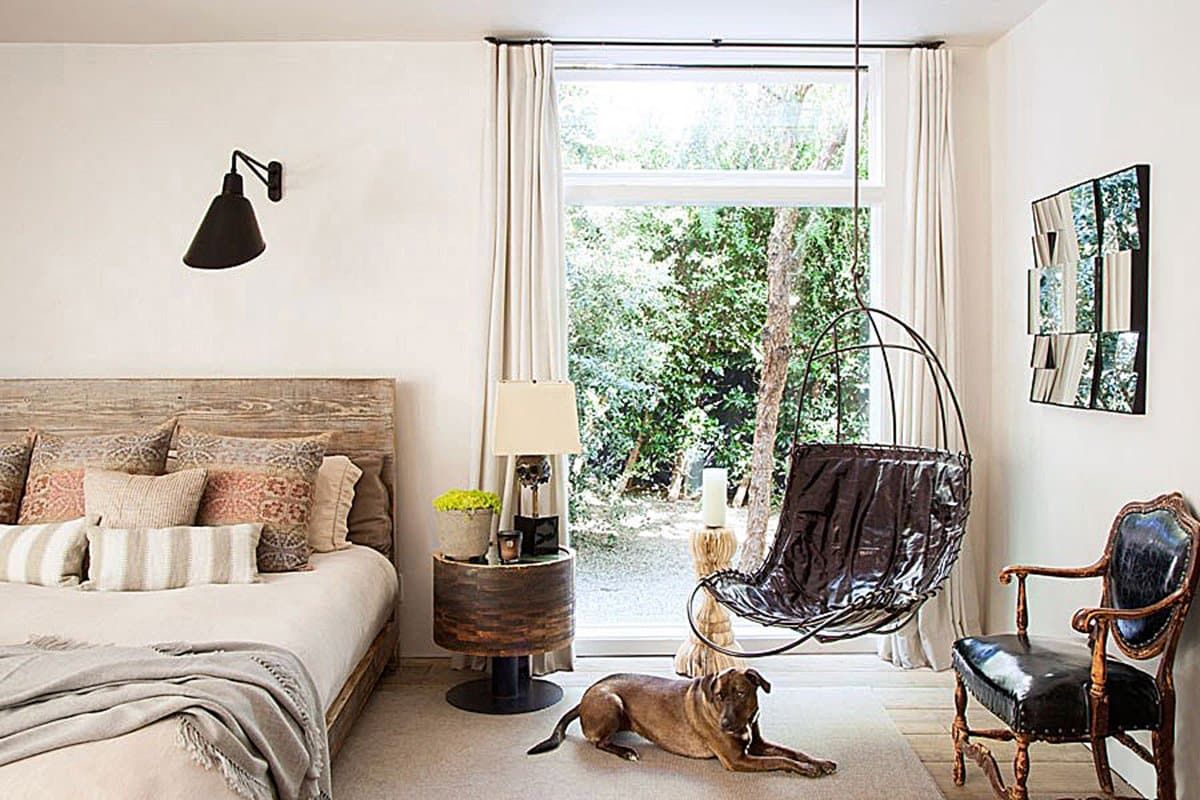 The master bedroom of Patrick Dempsey's Malibu family house with revamped interiors by Estee Stanley of Hancock Design.