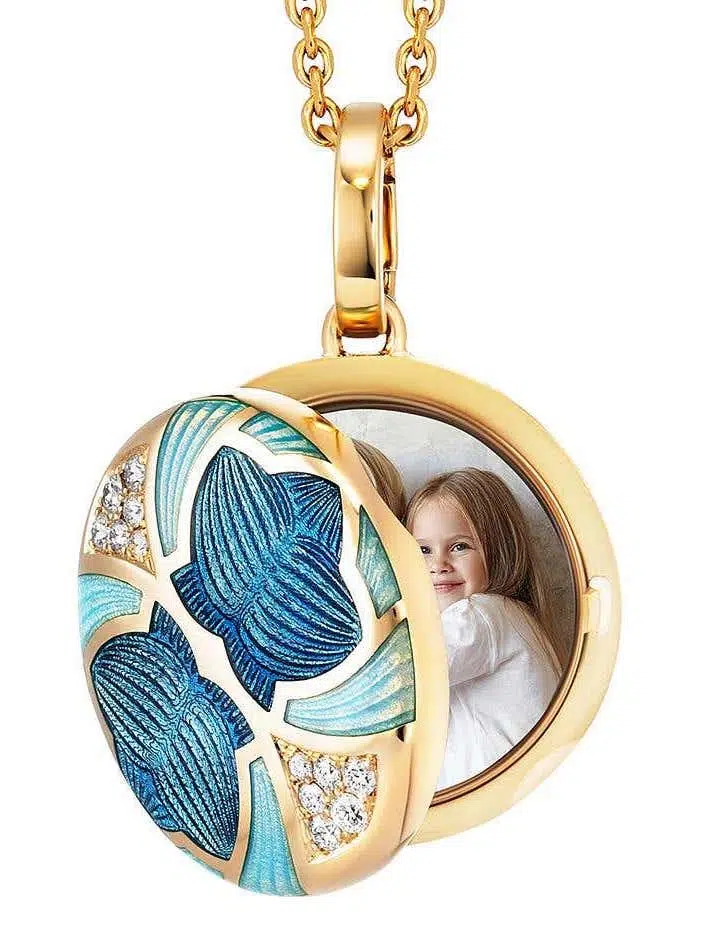 Victor Mayer blue and opalescent turquoise enamel locket, 2018