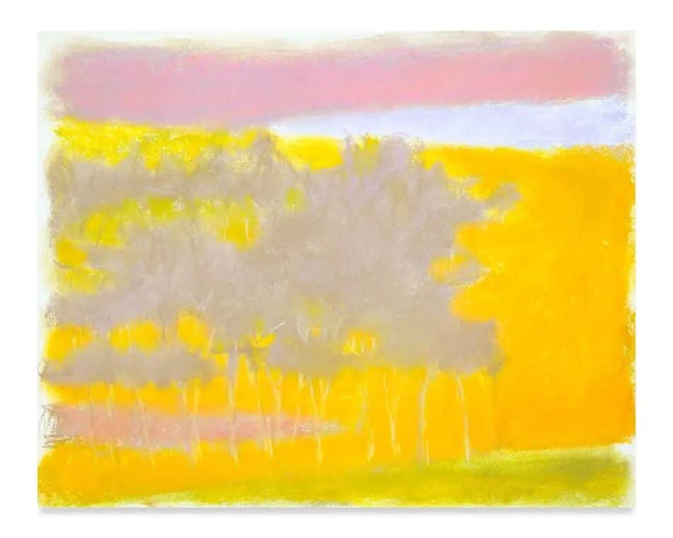 A Wolf Kahn pastel of gray trees against a yellow background with a pink sky