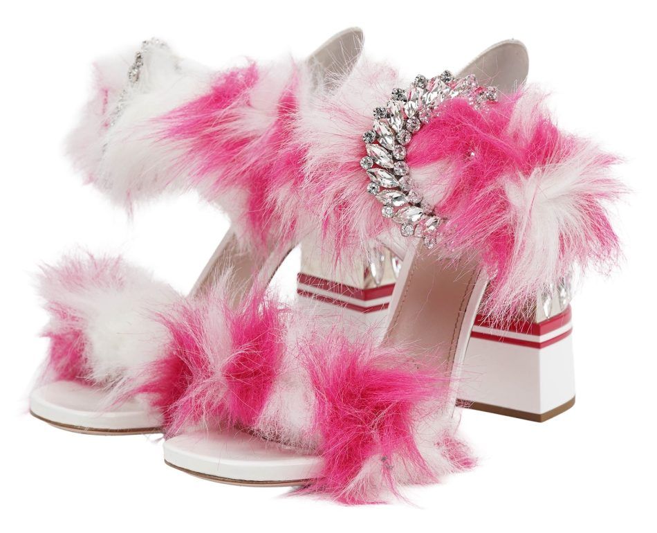 Miu Miu Pink Faux Fur Crystal Block Heel Sandals
