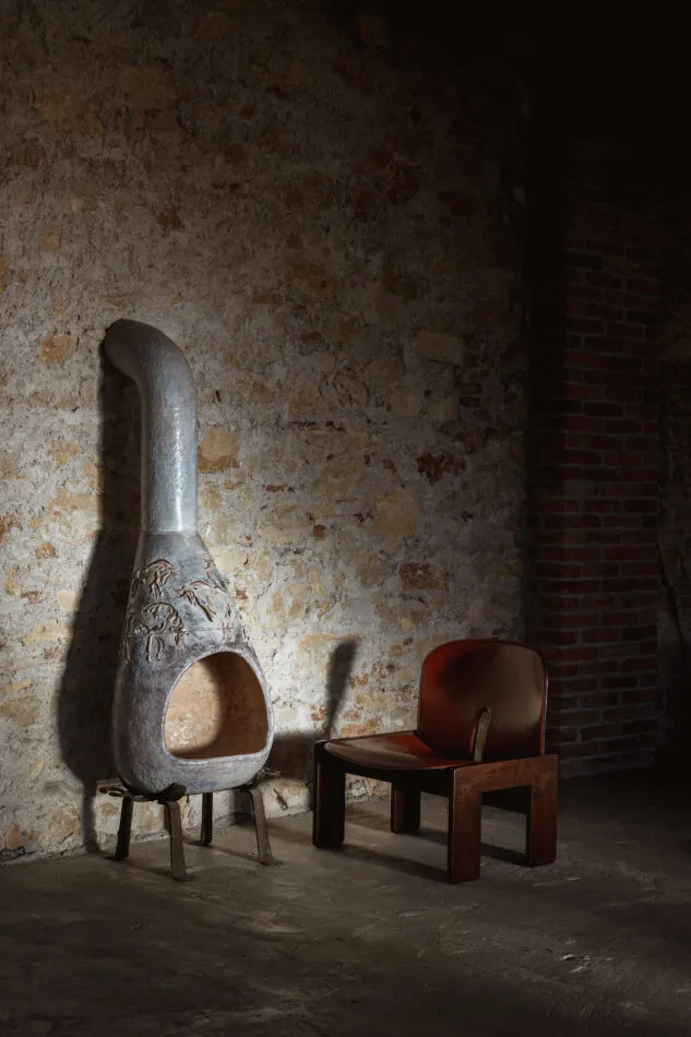 Giovanni Battista Mitri majolica chimney with fireplace, 1965, offered by Modernab