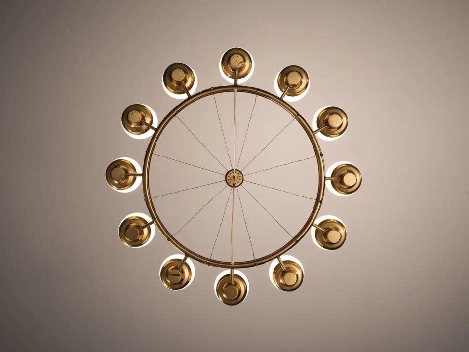 A view of a 1950s Hans Bergström for Ateljé Lyktan 12-light chandelier in brass and frosted glass from underneath
