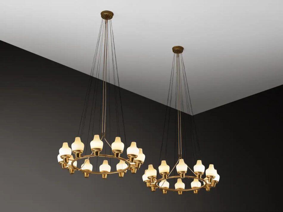 Two Hans Bergström for Ateljé Lyktan 12-light chandeliers in brass and frosted glass, 1950s