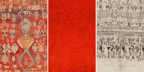 A densely decorated Moroccan tribal rug, 1940s, from the interior plains; a saturated red hand-knotted Moroccan rug, 2000; a neutral-toned Moroccan pile-woven rug, early 21st century